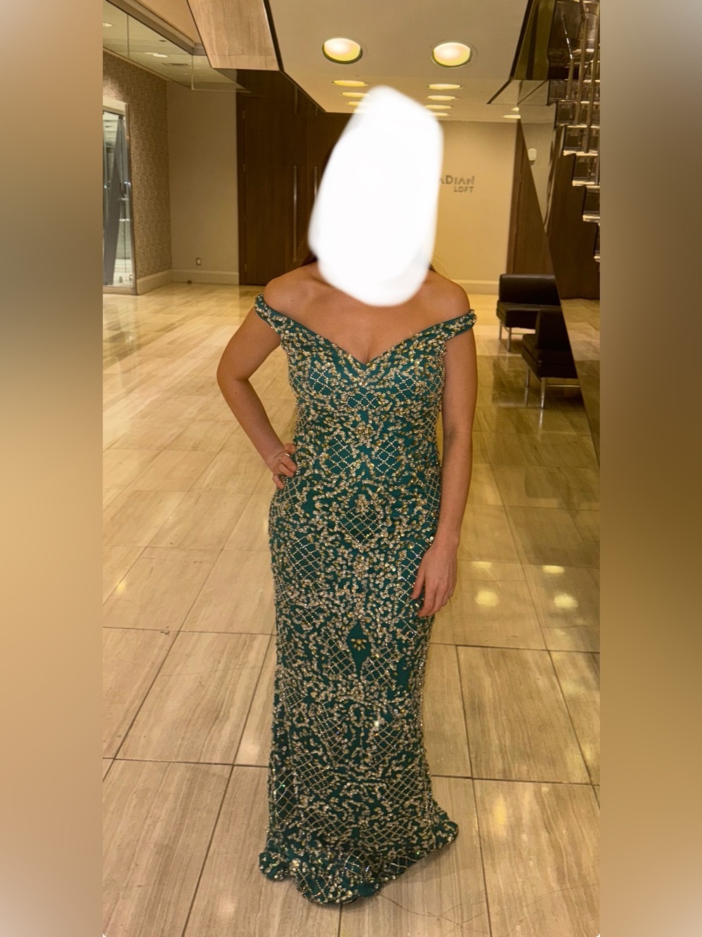 Off-Shoulder Green Beaded Evening Gown - Size 2 (note I’m 5’1-5’2 height